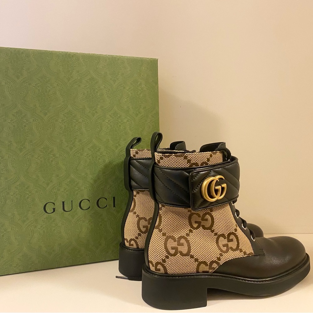Gucci Marmont Canvas Lace Up Booties